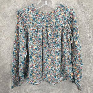Vertbaudet Girls Floral Long Sleeve Top 8 Yrs Blue Colorful Flowers Birds Ruffle